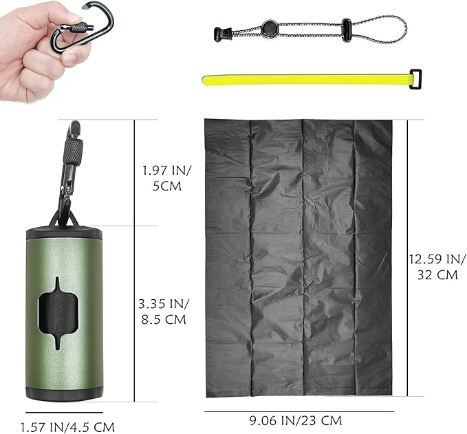 Metal Dog Poop Bags Holder Aluminum Poo Bags Dispenser with 15 Black Unscented Pet Waste Bags and 3 Leash Accessories for Dog Walking(1 Holder 15 Bags,Dark Green)