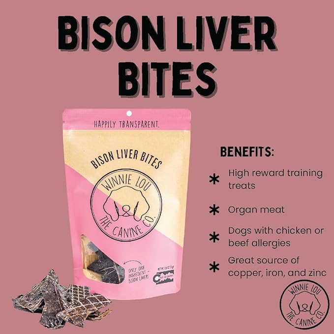 Winnie Lou Jerky Organic Jerky Dog Treats Made in The USA – Human Grade Dog Treats – Dog Jerky Treats – All Natural Dog Treats – Healthy Dog Treats (Bison Liver Bites) - 2 Pack