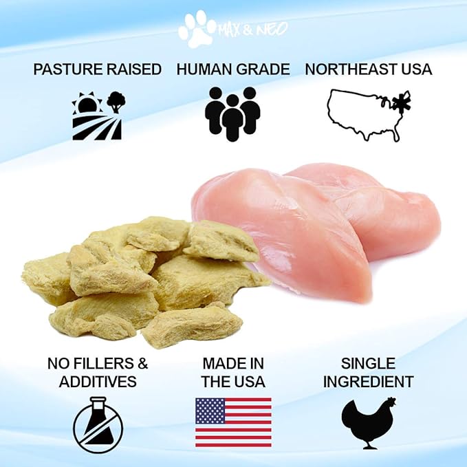 Max and Neo Freeze Dried Chicken Breast Dog Treats - Single Ingredient, Pasture Raised, Antibiotic Free, Human Grade Chicken Grown in The USA - We Donate 1 for 1 to Dog Rescues for Every Product Sold