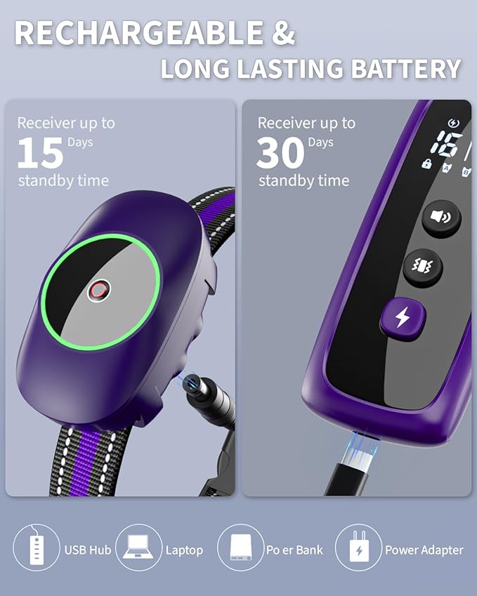 Dog Shock Collar for 2 Dogs, Dog Training Collar with Remote for Large Medium Small Dogs, Rechargeable E-Collar Waterproof Collars with 3 Training Modes, Range up to 3300Ft-Purple