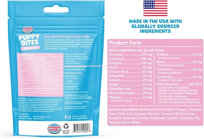 Puppy Bites by Snuggle Puppy, Gut Health, 60 Count Probiotic Supplement for Strong Immunity & Digestive Support for Puppies, Tasty Chew with Pumpkin, Mushrooms, Pectin, Dandelion & More