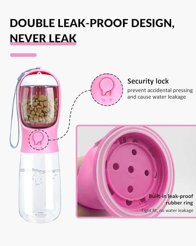 Dog Water Bottle, 2 in 1, Leak Proof Portable Pet Water Bottle with Food Container, Outdoor Portable Water Dispenser for Dog, Puppy Supply for Walking, Hiking, Camping, Travel (19oz Pink)