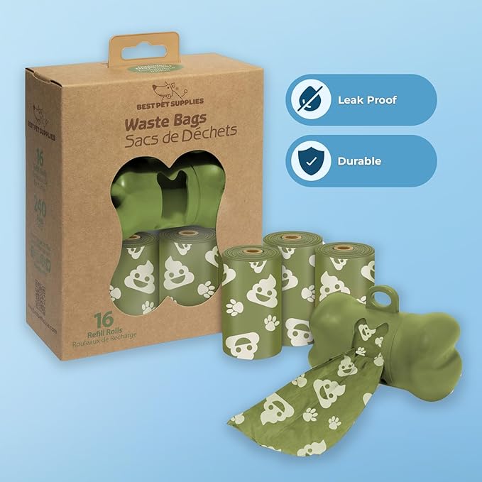 Best Pet Supplies Dog Poop Bags (240 Bags) for Waste Refuse Cleanup, Doggy Roll Replacements for Outdoor Puppy Walking and Travel, Leak Proof and Tear Resistant, Thick Plastic - Green with Poop Emoji
