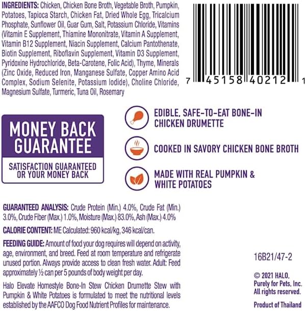 Halo Elevate Dog Homestyle Bone-in Grain Free Chicken Stew with Pumpkin & White Potatoes Wet Food, 12.7 oz., Case of 6