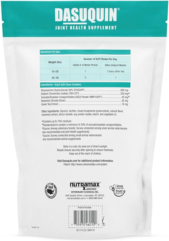 Nutramax Laboratories Dasuquin Joint Health Supplement for Small to Medium Dogs - With Glucosamine, Chondroitin, ASU, Boswellia Serrata Extract, Green Tea Extract, 84 Soft Chews