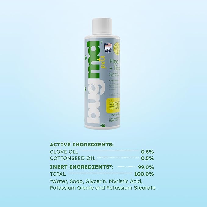 BugMD Flea and Tick Concentrate (3.7 oz)- Essential Oil-Powered Formula, Controls Fleas, Ticks, Mites in Dogs, Cats, and Other Furred Animals, Spray on Pet Beds, Kennels