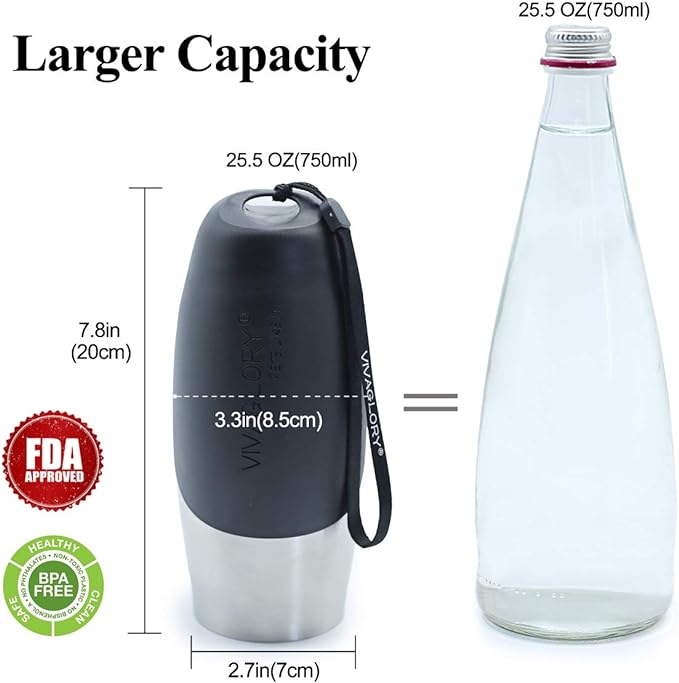 VIVAGLORY Dog Water Bottle, Pet Drinking Bottle, 25oz Portable & Leakproof Stainless Steel Dog Travel Water Bottle Bowl with Large Trough for Walking & Hiking, Stainless Steel