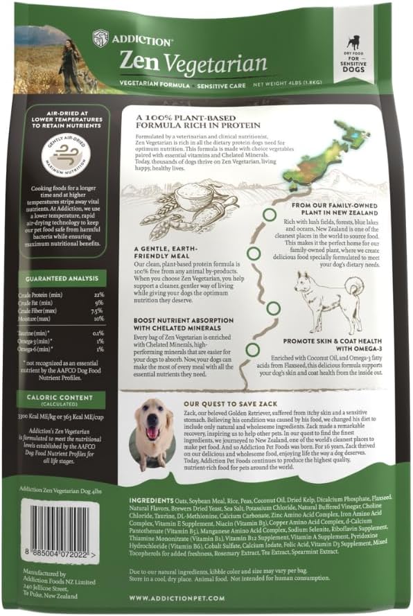 Addiction Zen Vegetarian Dry Dog Food, Rich in Isoflavones and Antioxidants, Vegetarian Dog Food, Crafted in New Zealand, for All Dog Life Stages 4lb