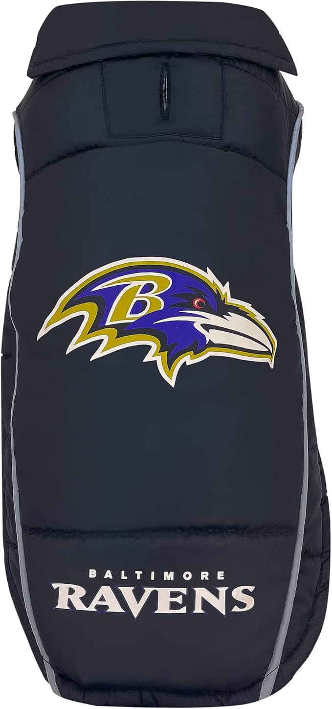 NFL Baltimore Ravens Puffer Vest for Dogs & Cats, Size Medium. Warm, Cozy, and Waterproof Dog Coat, for Small and Large Dogs/Cats. Best NFL Licensed PET Warming Sports Jacket
