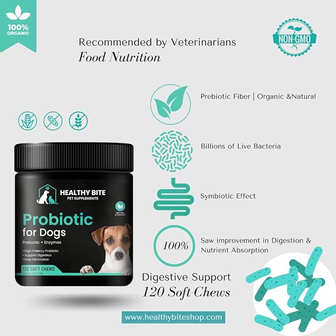 Healthy Bite Probiotic for Dogs - Dog probiotic for Diarrhea, Digestive and Immune Support for Dogs, Gut Health 6 Different Bacterias, Prebiotic Soft Chew Supplement for Dogs - Prebiotic -120 Count