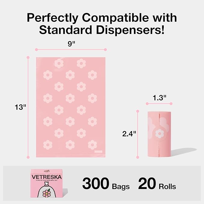 VETRESKA Dog Poop Bags, Lavender Scented, Leak Proof, Extra Thick and Extra Strong Pet Waste Bags for Dog Walking and Cat Litter, 300 Counts15 Refill Rolls 9 X 13 inches