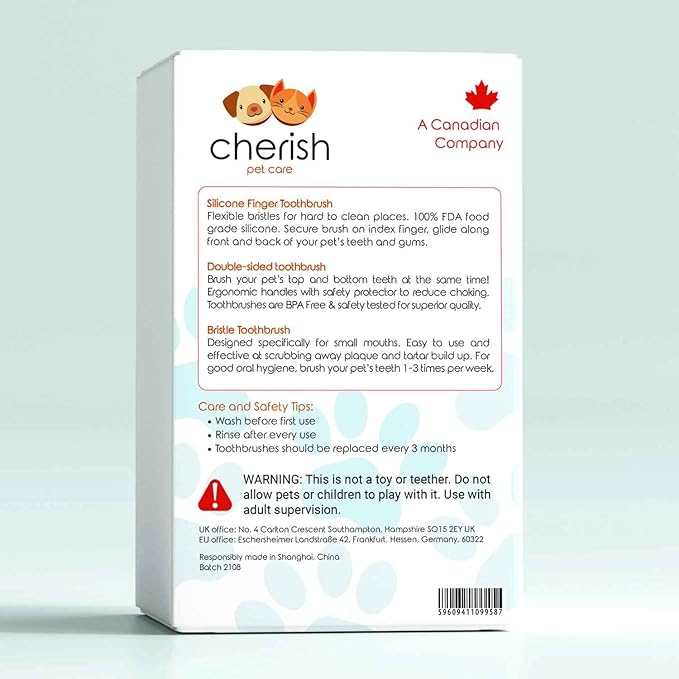 Cherish Pet Care Dog Tooth Brushing Kit (3pcs) - Dog Finger Toothbrush, Double-Sided Toothbrush, Small Dog Toothbrush, Dog Teeth Cleaning, Puppy Tooth Brushing Kit, Small Dog Tooth Brushing Kit