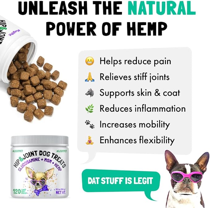 Hemp Hip & Joint Supplement for Dogs 120 Soft Chews Made in USA Functional Glucosamine for Dogs Chondroitin MSM Turmeric Hemp Seed Oil Natural Pain Relief Mobility Advanced Joint Health For All Breeds