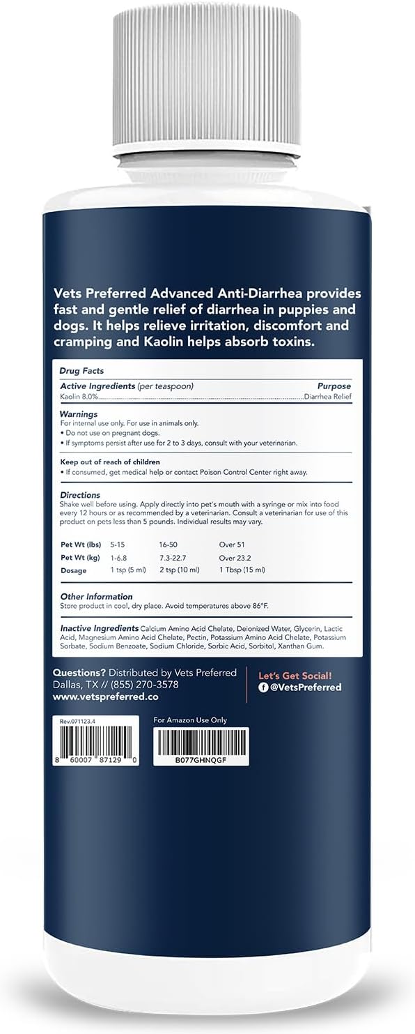 Vets Preferred Anti Diarrhea Liquid for Dogs - Dog Diarrhea Relief with Pectin and Kaolin (8 oz.) | Once every 12 hours for Dog Diarrhea & Dog Gas Relief