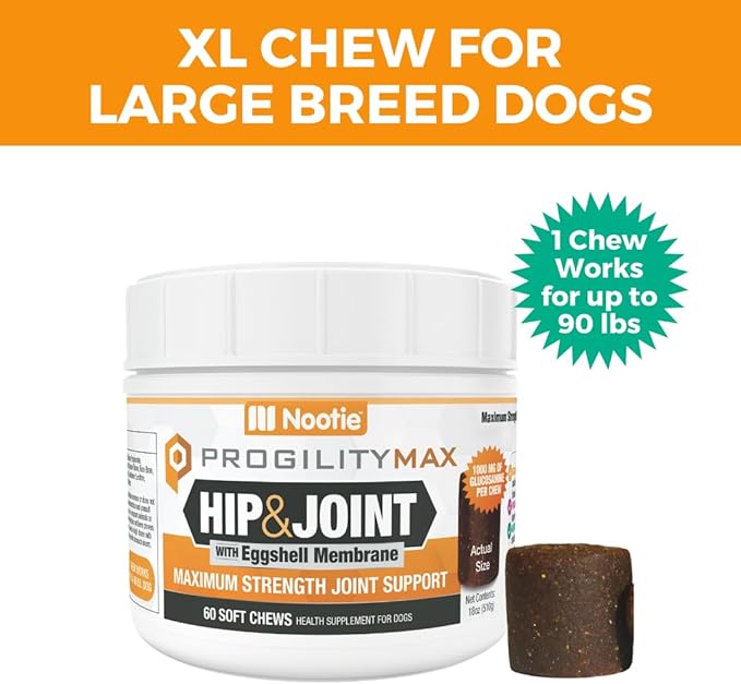 Nootie ProgilityMAX Hip & Joint Supplement for Large Dogs, Maximum Strength Dog Joint Support with Eggshell Membrane, Glucosamine and Chondroitin, 60 count
