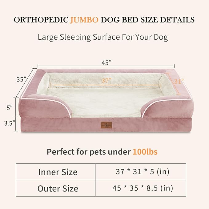 Jumbo Dog Bed, Waterproof Orthopedic Dog Bed, Jumbo Breed Dog Bed for Extra Large Dogs, PV Washable Dog Sofa Bed with Removable Cover & Non-Slip Bottom(Jumbo,Pink)