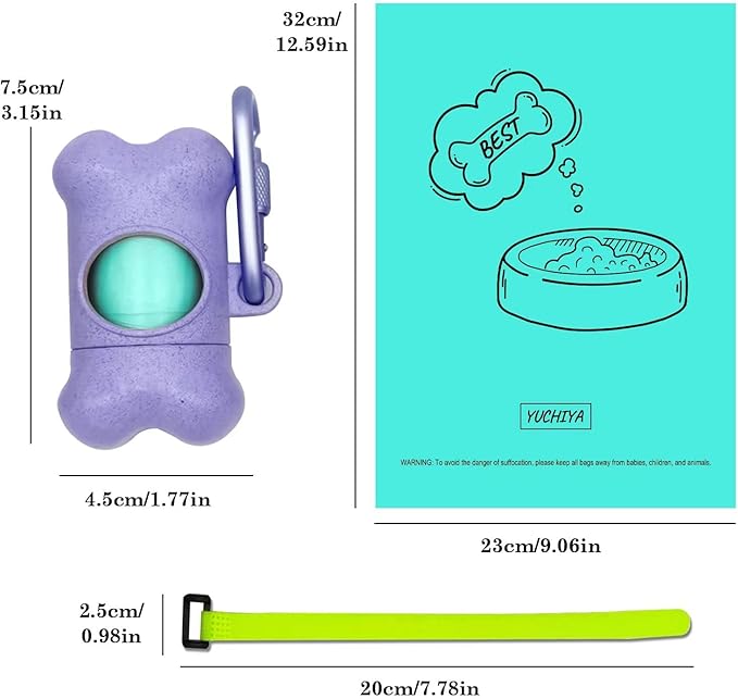 Dog Poop Bags Holder Dispenser with Leak-Proof Scented Doggy Waste Bags and Carabiner Plus Hook and Loop Fastener Never Loose on Leash Lead Again (Purple, 1 Holder 195 Bags)