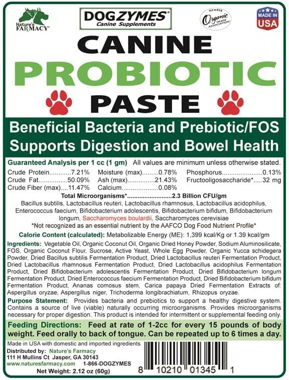Dogzymes Canine Probiotic Paste Beneficial Bacteria-Enzyme 2.3 Billion CFU/gm Saccharomyces boulardii Organic Dried Honey Powder (60 Gram)