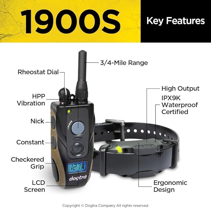 Dogtra 1900S Ergonomic 3/4-Mile IPX9K Waterproof High-Output Remote Dog Training E-Collar