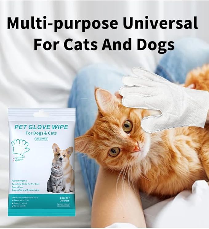 Pet Bathing Wipes for Dogs and Cats, Cleaning & Deodorizing Grooming Gloves, Nourishing Grooming Fur Glove Wipes for Daily Care and Traveling, 1 Pack, 6 PCS