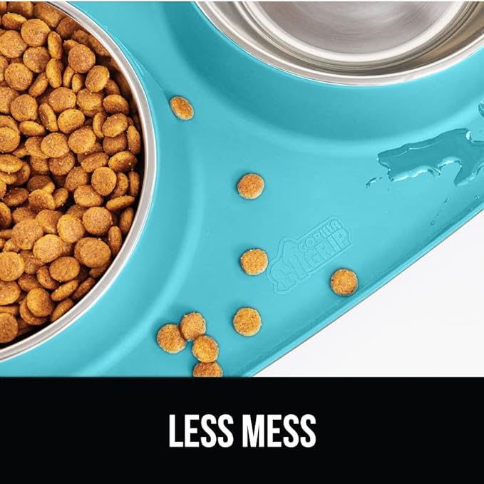 Gorilla Grip 100% Waterproof BPA Free Cat and Dog Bowls Silicone Feeding Mat Set, Stainless Steel Bowl Slip Resistant Raised Edges, Catch Water, Food Mess, No Spills, Pet Accessories, 2 Cup, Turquoise