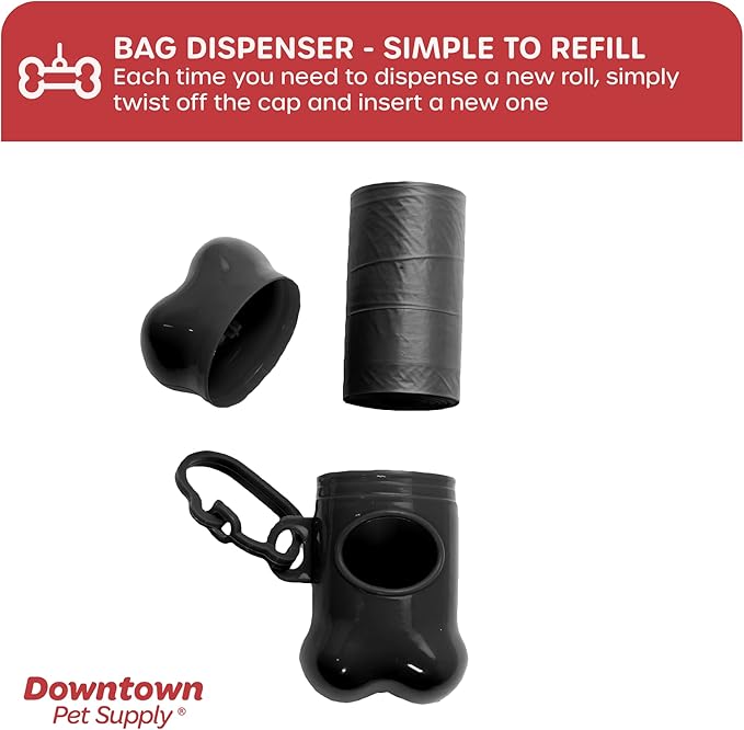 Downtown Pet Supply 960 Count Dog Poop Bags Refills with Leash Clip and Bone Bag Dispenser, Black - Dog Waste Bags Unscented and Leak-Proof with Dog Poop Bag Dispenser - 12.5 x 8.5"