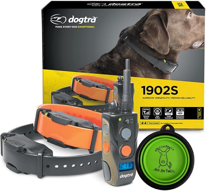 Dogtra 1902S E Collar - 2 Dog, 3/4 Mile Remote Trainer with LCD Screen - Fully Waterproof Collar - includes eOutletDeals Collapsible Pet Travel Bowl