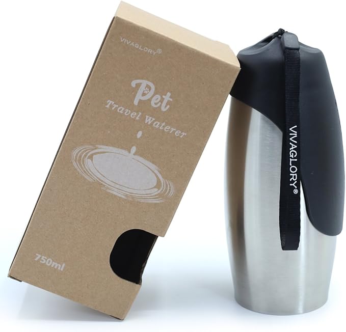 VIVAGLORY Dog Water Bottle, Pet Drinking Bottle, 25oz Portable & Leakproof Stainless Steel Dog Travel Water Bottle Bowl with Large Trough for Walking & Hiking, Stainless Steel