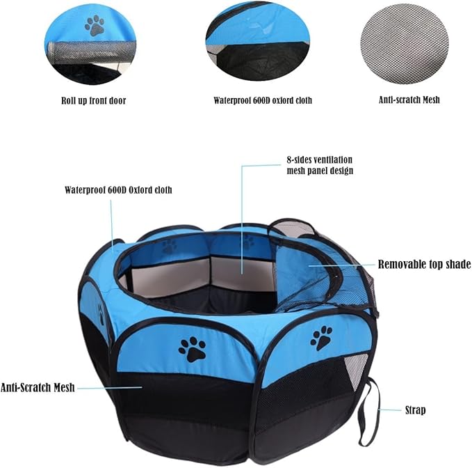 Portable Pet Playpen,Foldable Dog Playpen for Dogs and Cats,Rabbits,Pet Exercise Pet Tents Indoor Outdoor Use (S(28.7" x 28.7" x 16"), Blue)