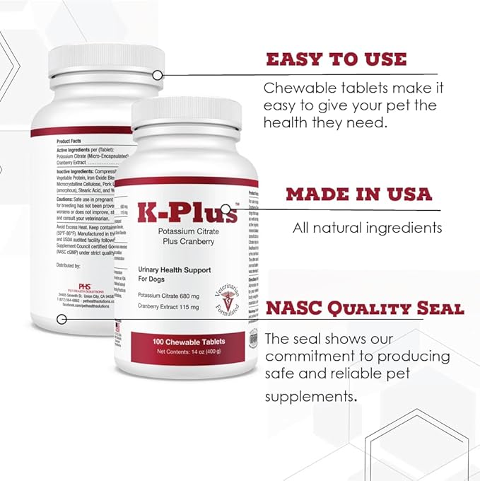 K-Plus Potassium Citrate Plus Cranberry Supplement for Dogs - UTI Remedy Chewable Tablets - Supports Bladder Health - For Every Dog Breed (100 Tabs)