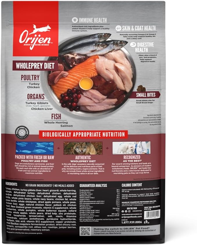 ORIJEN Small Breed Dry Dog Food, Grain Free Dry Dog Food for Small Breeds, Fresh or Raw Ingredients, 10lb
