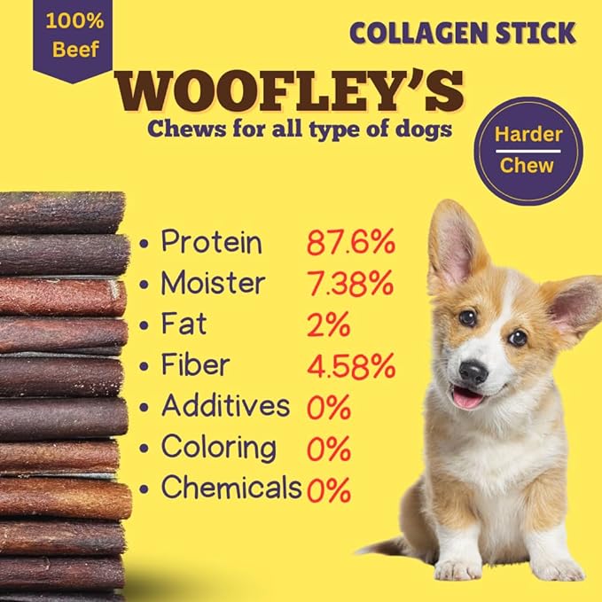 Woofley's 12 Inch Beef Collagen Sticks for Dogs (8 Count) - Collagen Chews for Dogs - Bully Stick Rawhide Alternative Dog Chews No Hide Bones for Medium & Large Dogs