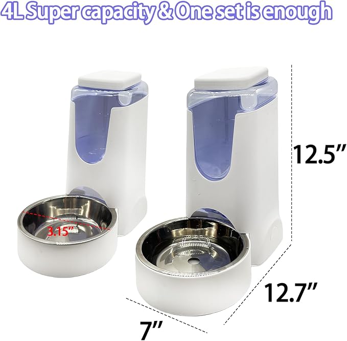 Hamiledyi Pets Automatic Gravity Feeder Dogs 2.8L Food & 4L Water Dispenser Set with Stainless Steel Bowl for Small Medium Big Puppy Kitten(White)