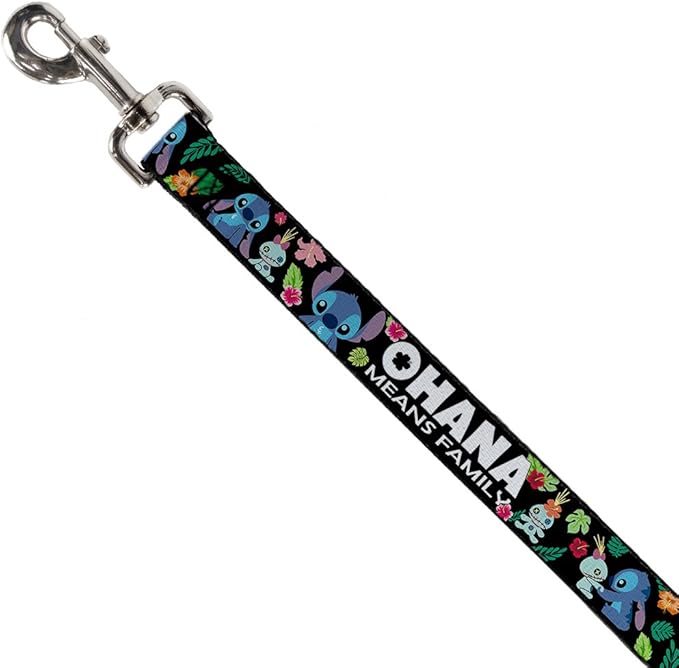 Dog Leash Ohana Means Family Stitch Scrump Poses Tropical Flora Black 6 Feet Long 1.5 Inch Wide