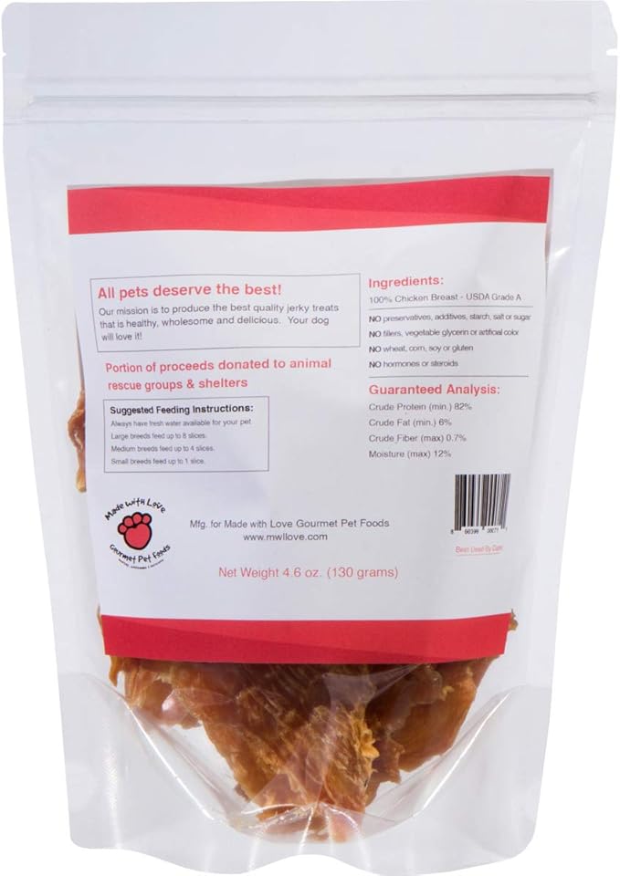 Made with Love | Chicken Jerky Treats | All Natural, 100% Chicken Breast, Human Grade, USDA Grade A, Cage Free, Grain Free, No Preservatives, Sourced & Made in USA, Great for Training
