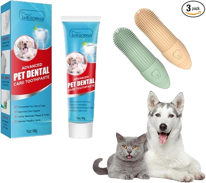 Dog Toothbrush and Toothpaste Set - 1 Pc Dog Toothpaste with 2 Pcs Upgraded Silicone Finger Toothbrush for Dogs and Cats - Dog Tooth Brushing Kit for Cat and Dog Teeth Cleaning & Dental Care