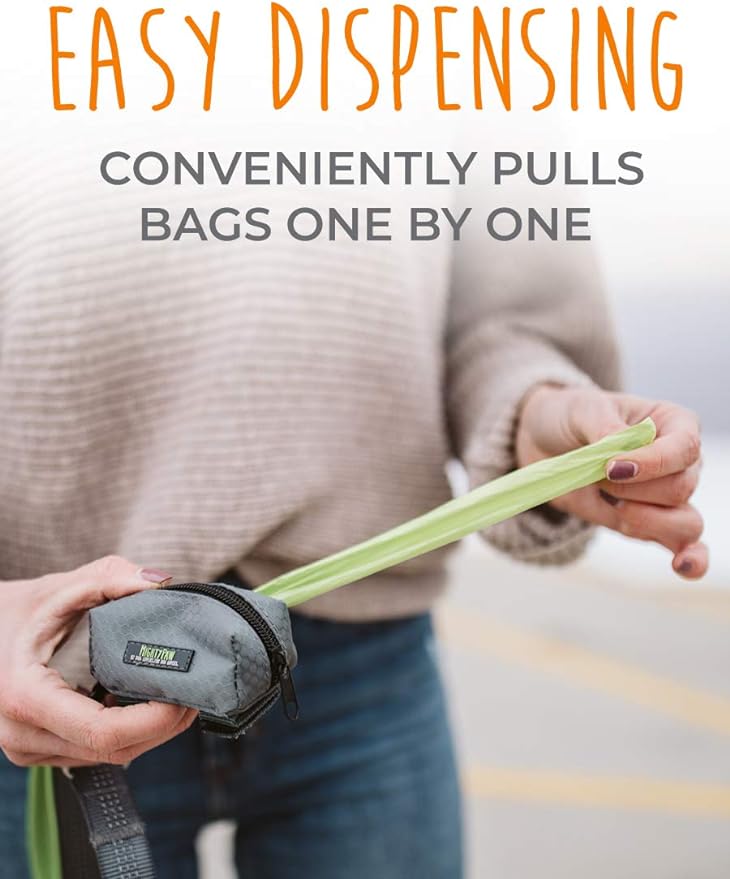 Mighty Paw Dog Poop Bag Holder - Zippered Pouch with Carabiner Hook - Includes Roll of Pick-up Bags - Pet Bag Holder - Poop Bag Dispenser - Dog Bags Traveling - Dog Waste Bag Holder - (Grey/Green)