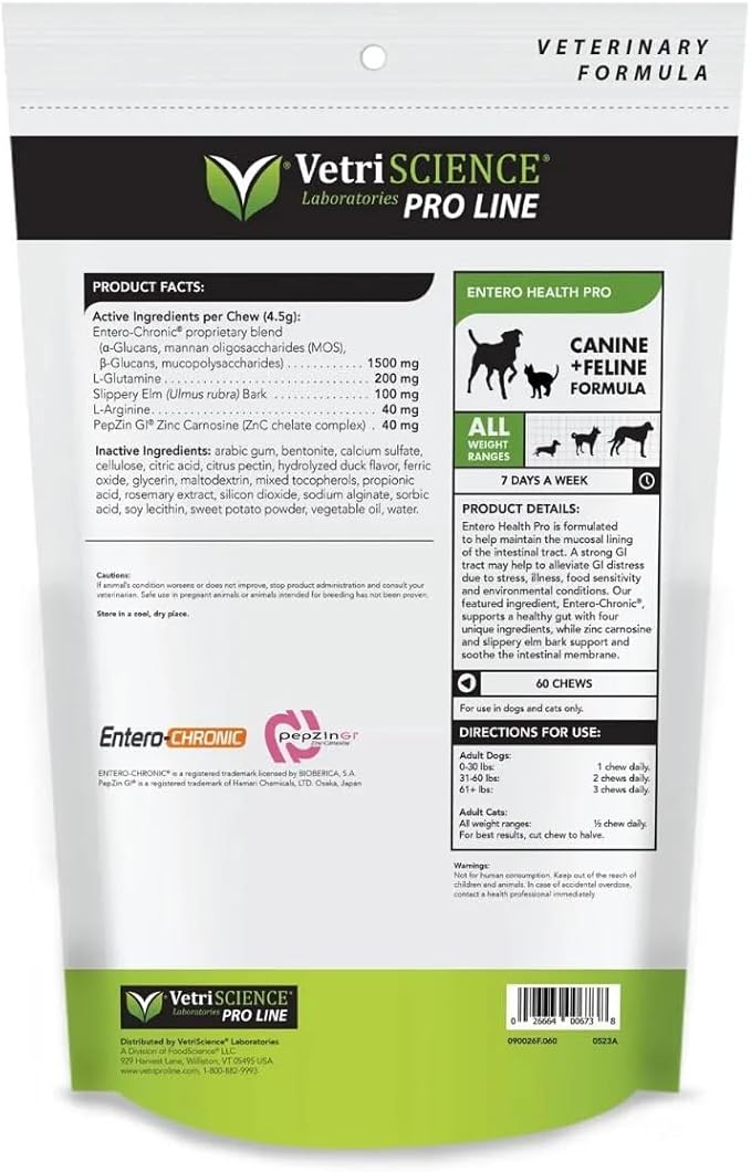 VETRISCIENCE Pro Entero Health Pro GI Supplement - Dogs + Cats, 60 Chews