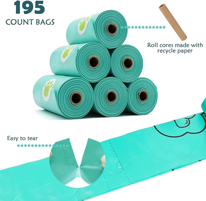 Dog Poop Pickup Bags Holder Dispenser with Leak-Proof Scented Doggy Waste Bags and Carabiner with Safety Lock Plus Hook and Loop Fastener Never Loose on Leash Lead Again (1 Holder 195 Bags, Clear)