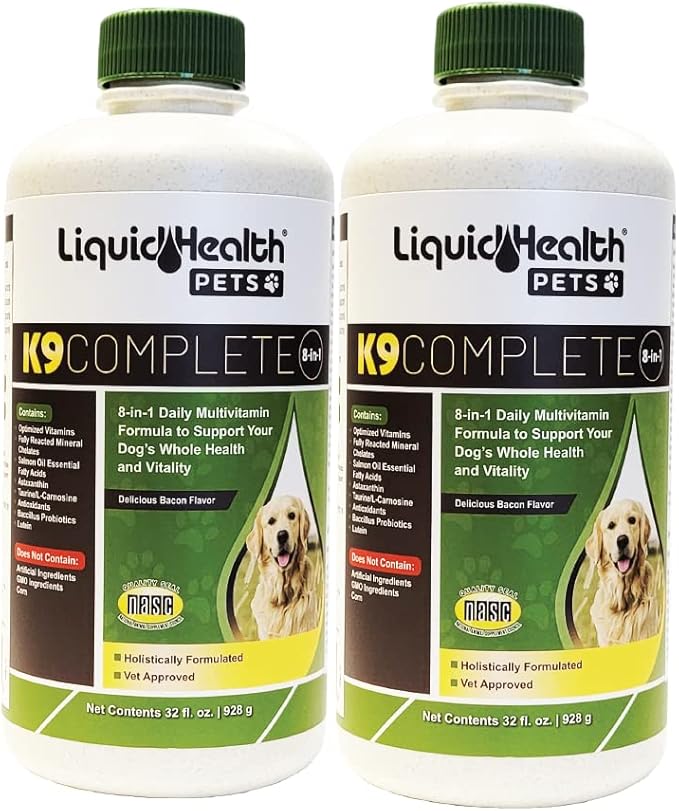 LiquidHealth 32 Oz K9 Complete 8-in-1 Liquid Multivitamin for Dogs & Puppies, All in One Complete Formula, Senior Puppy Dog Diet, Canine Vitamins, Skin and Coat, Joint Health, Immune Support (2 Pack)