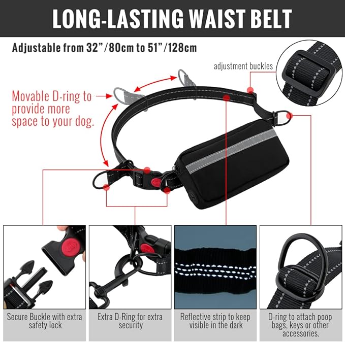 Plutus Pet Hands Free Dog Leash, Soft Padded Dual Handle Retractable Bungee Leash with Reflective Stitches, Adjustable Wasit Leash for Dog Walking Running Jogging, for Medium Large Dogs