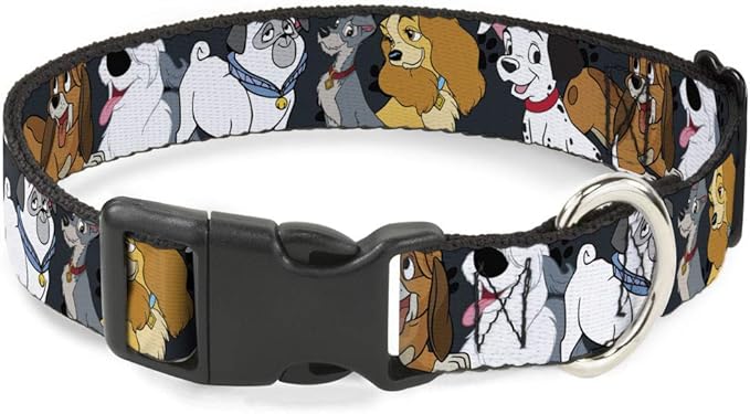 Disney Pet Collar, Dog Collar Plastic Buckle, Disney Dogs Group Collage Paws Gray Black, 20 to 31 Inches 1.5 Inch Wide