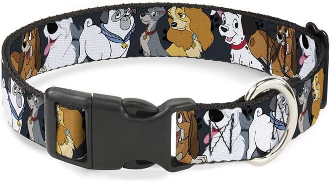 Disney Pet Collar, Dog Collar Plastic Buckle, Disney Dogs Group Collage Paws Gray Black, 11 to 16.5 Inches 1.0 Inch Wide