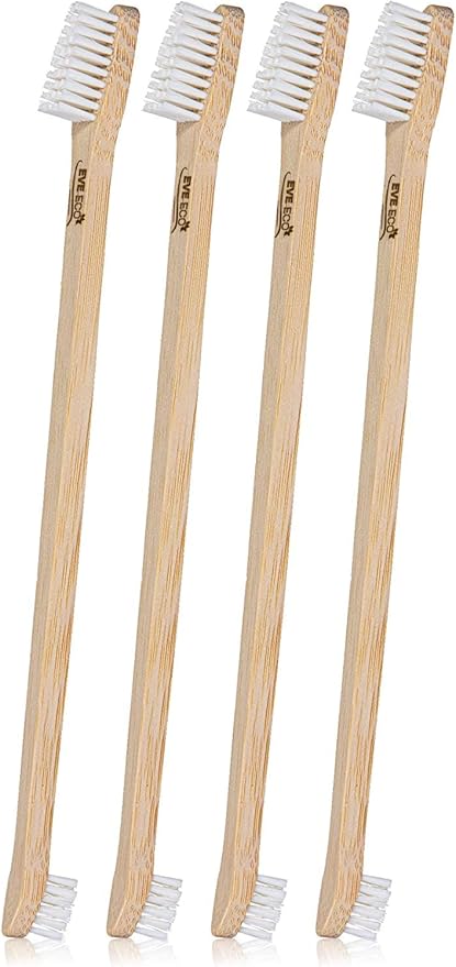 4-Pack Bamboo Dog & Pet Toothbrushes - 2 Brush Heads Large & Small with Extra Long 8.5" Use with Toothpaste to Eliminate Cavities, Bad Breath, Tartar for Puppies, Cats, Kittens