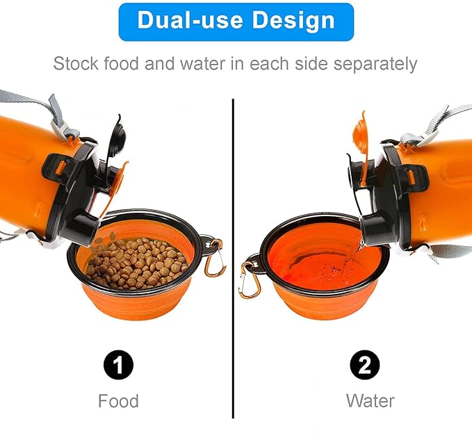 Dog Travel Water Bottle Collapsible Bowls, 2 in 1 Pet Food Container with Collapse Bowls, Outdoor Portable Water Bowls for Walking, Traveling, Camping and Hiking (Orange)