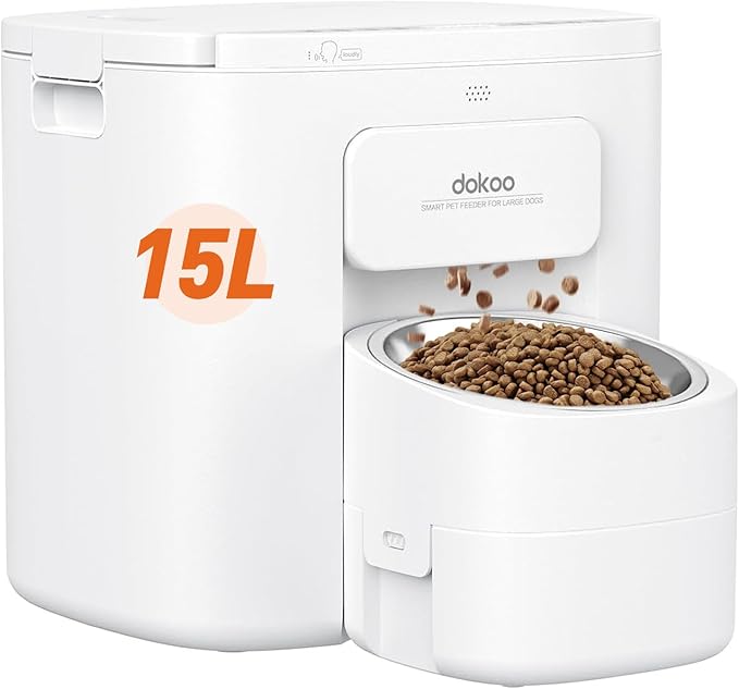Automatic Dog Feeder for Large Breed, 15L/ 63Cups Vacuum-Sealed Storage & Timed Auto Dog Food Dispenser 2in1, Airtight 100% Freshness, Anti-blockage, Support up to 22mm Pet Food, Stainless Steel Bowl