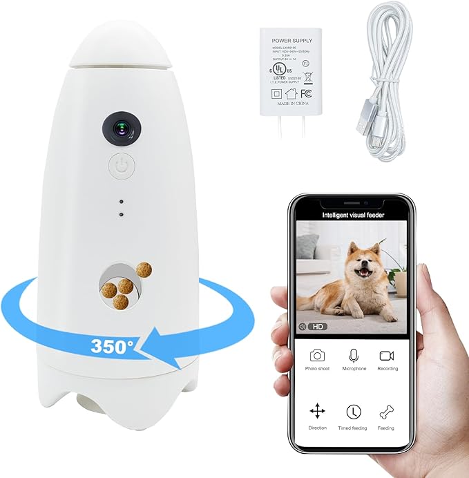 Pet Camera Treat Dispenser, Visible Range 360° Dog Camera,Remote Monitoring of Amusing Pet Feeder,1080p Camera, Live Video, Auto Night Vision Rotatable,Suitable for Dogs and Cats or Other Pets.