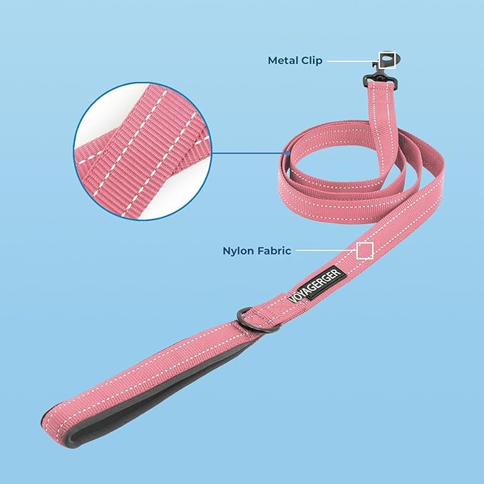 Voyager Reflective Dog Leash Collar Set with Neoprene Handle Supports Small, Medium, and Large Breed Puppies, Cute and Heavy Duty for Walking, Running, and Training - Pink, M