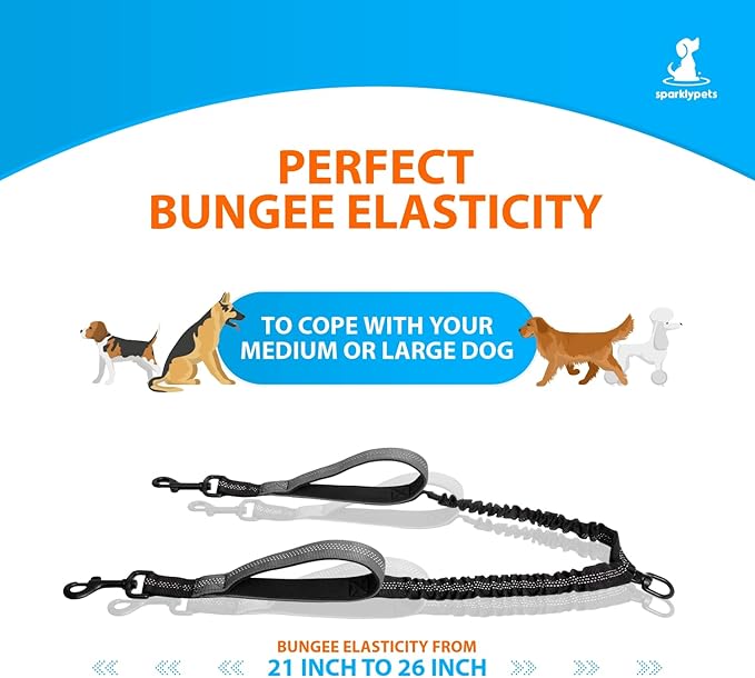 SparklyPets Hands Free Dog Leash for Medium and Large Dogs – Professional Harness with Reflective Stitches for Training, Walking, Jogging and Running Your Pet (Gray, for 2 Dogs Only Coupler)