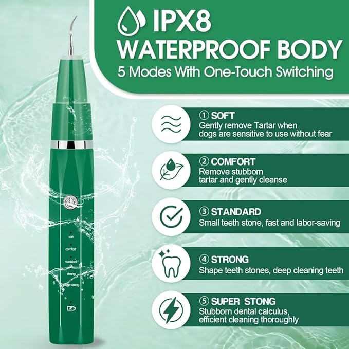 Dog Teeth Cleaning Kit, Ultrasonic Tooth Cleaner for Dogs, Smart Power Off, Kit includes Pet Oral Spray. Dog Tartar Remover for Teeth, Remove Pet Dental Plaque Easily at Home. (grass green)